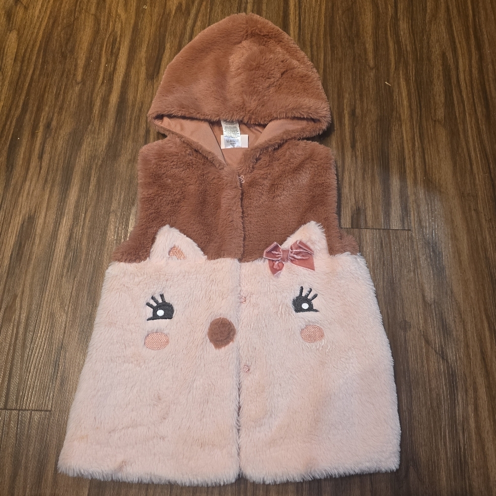 Little Lass Sz 5 Toddler 2 Tone Hooded Faux Fur Vest Cat Face Detail & Small Bow